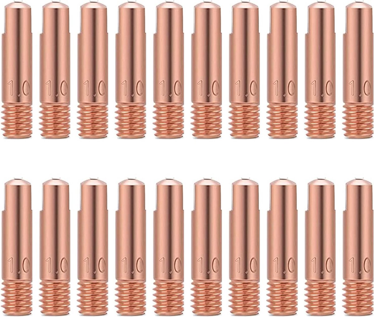 20 stuks MB15 15AK stroommondstukken lascontactpunt 0,6 mm 0,8 mm 1,0 mm 1,2 mm M6x24 mm koperen stroommondstuk contactpunten laspunten voor 15AK MIG/MAG lasbranders accessoires slijtagedelen (1,0 mm)