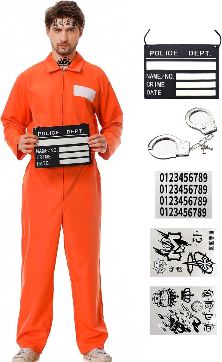 Gevangene, oranje, gevangene, outfit voor volwassenen, jail-uniform voor Halloween