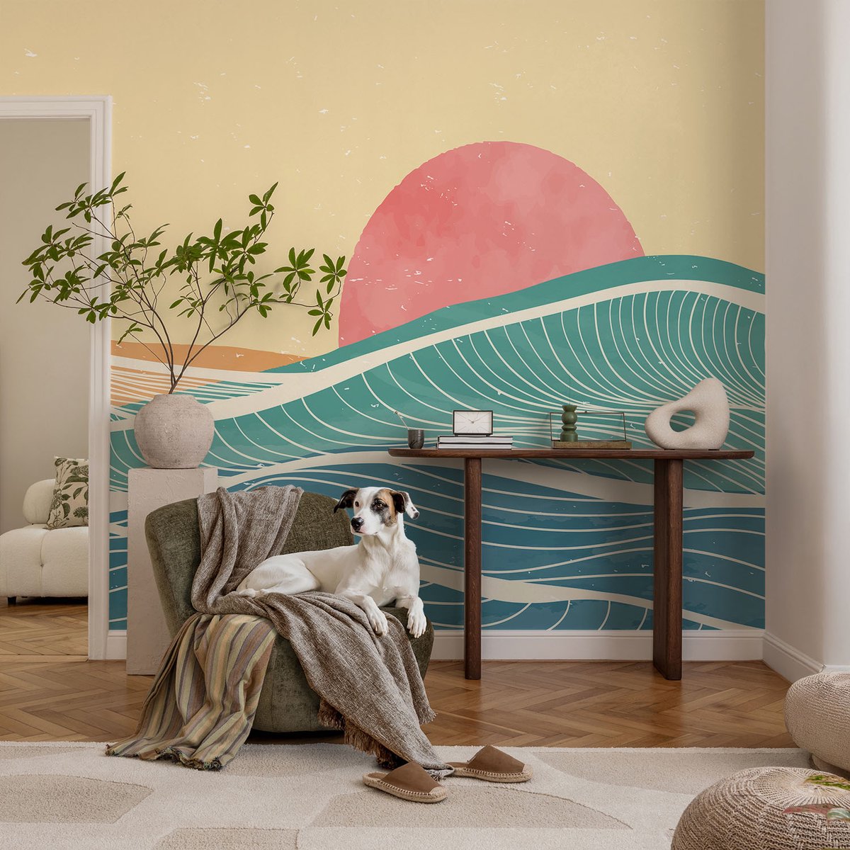 Coloray Vliesbehang - Beige Snellijm Behang - 104x70 cm - Zeegolven Muurschildering - Slaapkamer behang Landschappen - Fotobehang Vlies - Slaapkamer behang