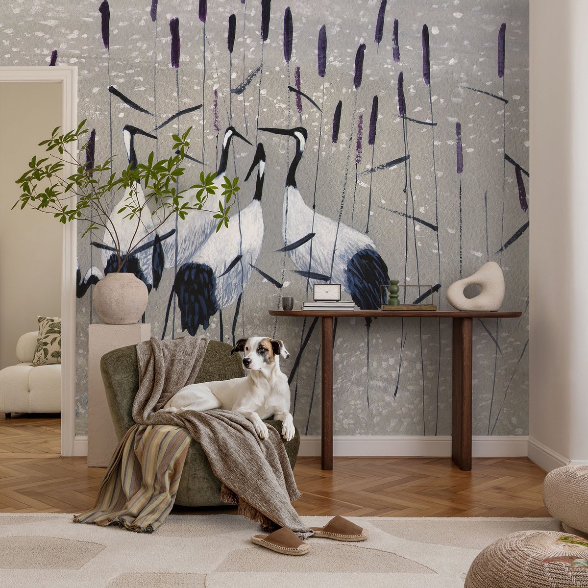 Coloray Vliesbehang - Grijs Snellijm Behang - 104x70 cm - Harmonieuze Kraanvogels Muurschildering - Slaapkamer behang Dieren - Fotobehang Vlies - Slaapkamer behang