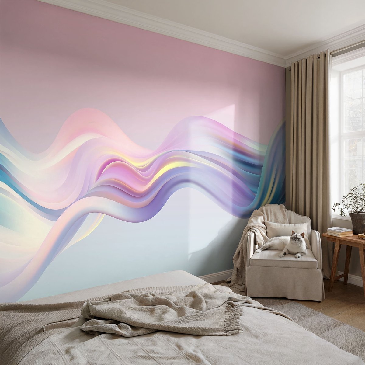 Coloray Vliesbehang - Roze Snellijm Behang - 104x70 cm - Kleurrijke Golven Muurschildering - Slaapkamer behang Abstractie - Fotobehang Vlies - Slaapkamer behang