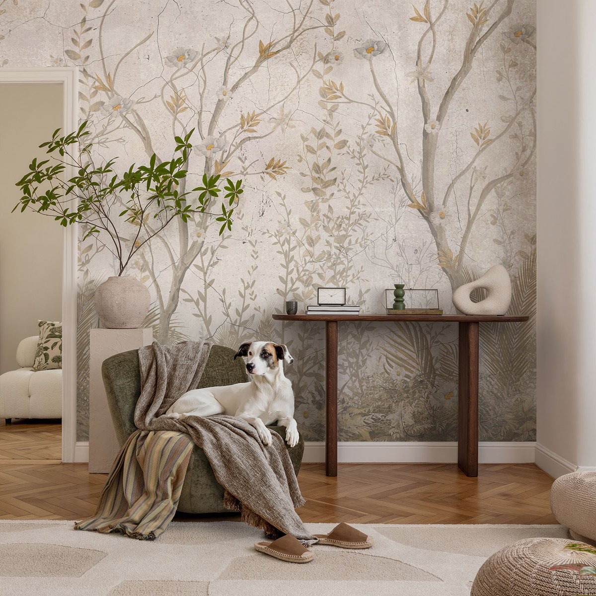 Coloray Vliesbehang - Beige Snellijm Behang - 104x70 cm - Een Boshoek Fotobehang Vlies - Hal behang Bloemen En Planten - Muurschildering - Woonkamer behang