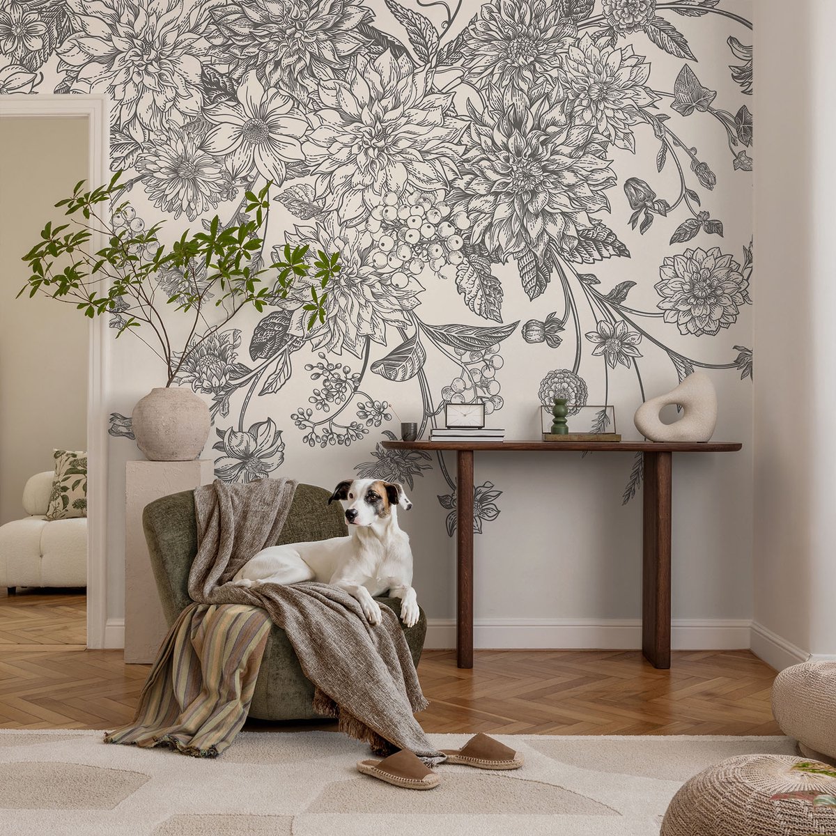 Coloray Vliesbehang - Wit Snellijm Behang - 104x70 cm - Bloemenpatroon Fotobehang Vlies - Woonkamer behang Bloemen En Planten - Muurschildering - Woonkamer behang