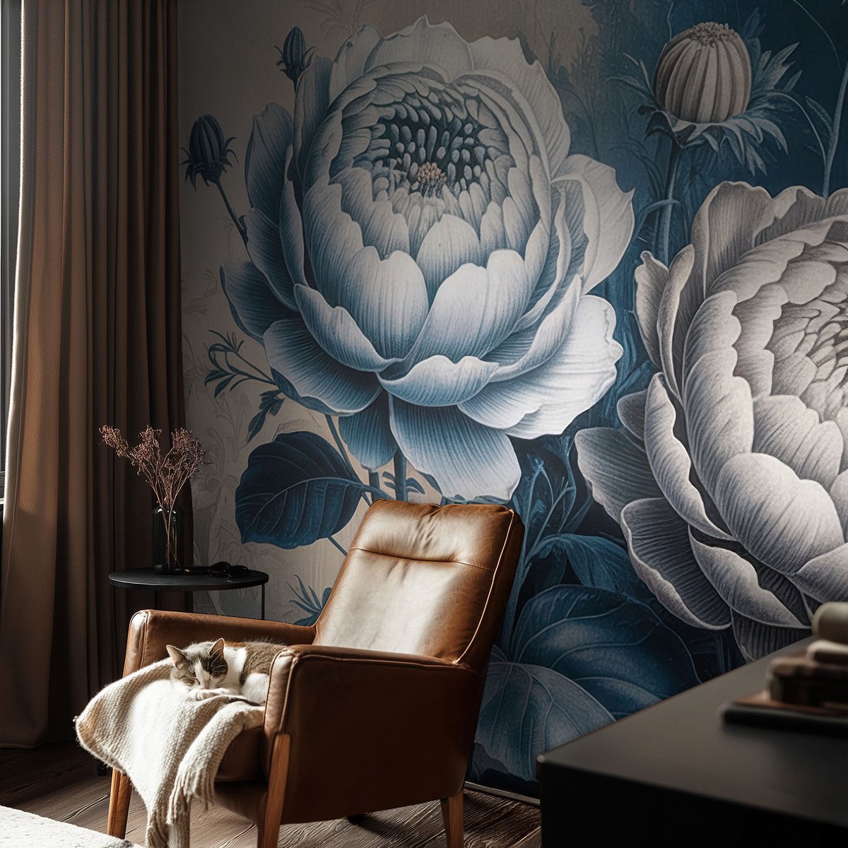 Coloray Vliesbehang - Blauw Snellijm Behang - 104x70 cm - Romantische Bloemen Fotobehang Vlies - Hal behang Bloemen En Planten - Muurschildering - Woonkamer behang