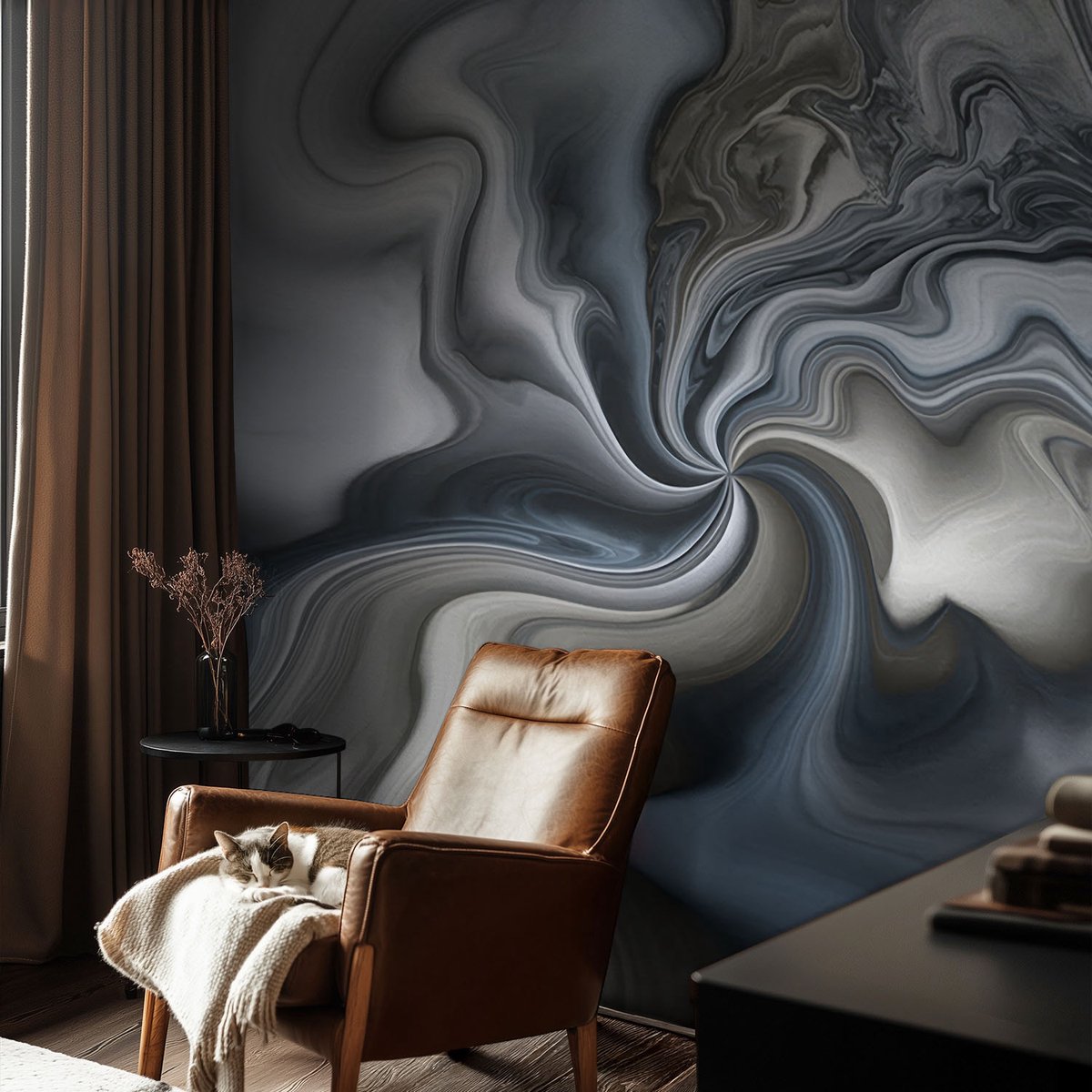 Coloray Vliesbehang - Grijs Snellijm Behang - 104x70 cm - Wervelende Wolken Muurschildering - Slaapkamer behang Abstractie - Fotobehang Vlies - Slaapkamer behang
