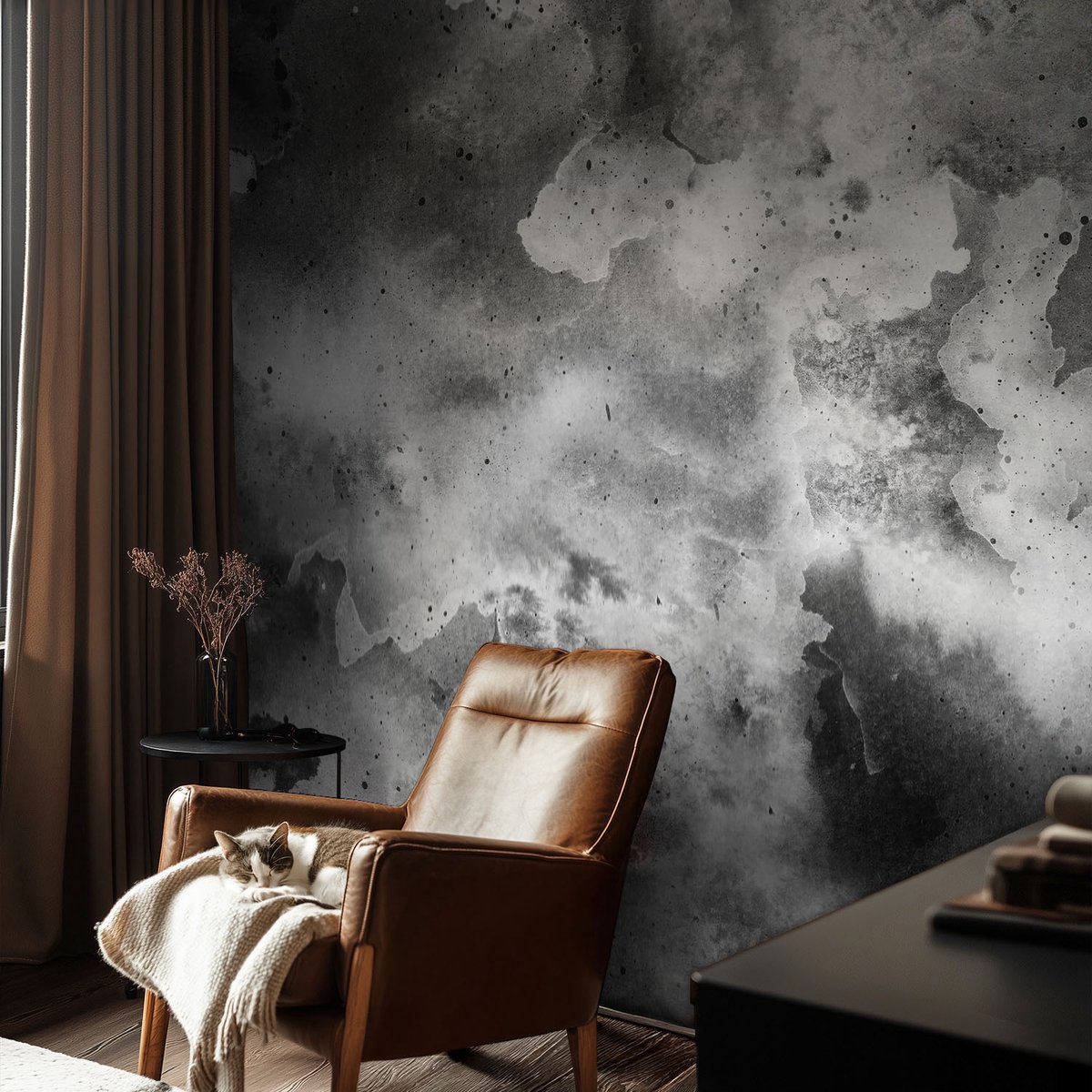 Coloray Vliesbehang - Zwart-Wit Snellijm Behang - 104x70 cm - Grijze Wolken Fotobehang Vlies - Woonkamer behang Abstractie - Muurschildering - Hal behang