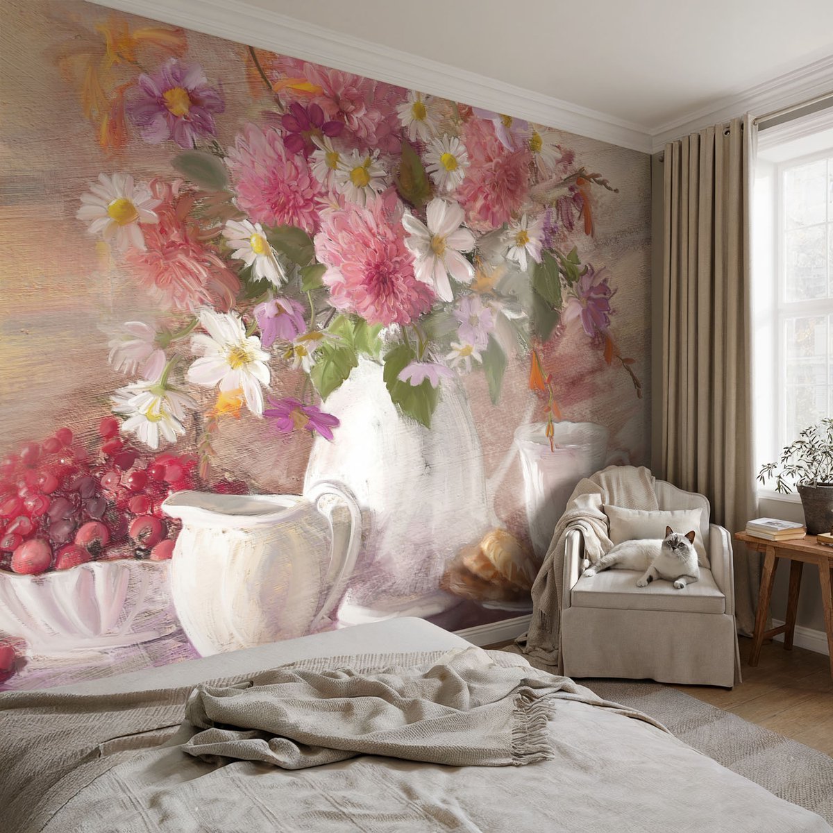 Coloray Vliesbehang - Roze Snellijm Behang - 104x70 cm - Wilde Bloemen Fotobehang Vlies - Hal behang Bloemen En Planten - Muurschildering - Woonkamer behang