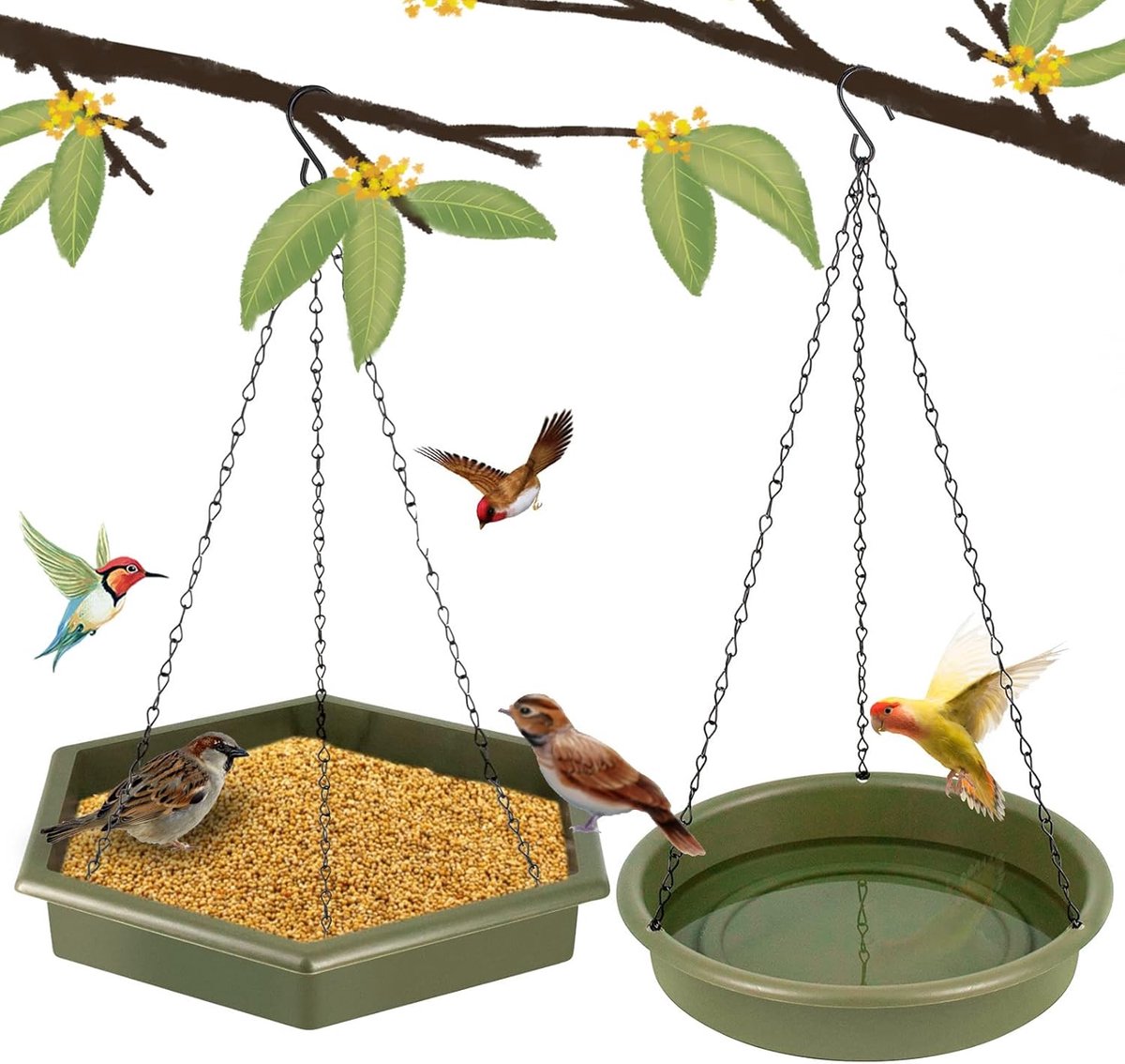 Hangende Vogelvoeders XL 2-in-1 voor vogels en vogelbaden voor buiten, wilde vogelvoeders om op te hangen (legergroen)