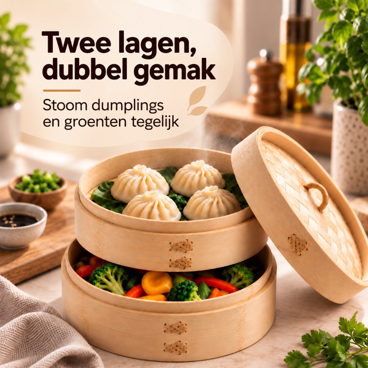 Tomec® Stoommand Bamboe 3-delig – Stoommandje en Stomer voor Dumplings, Dim Sum, Rijst en Groente — cadeau in Kookcadeaus - foto 3