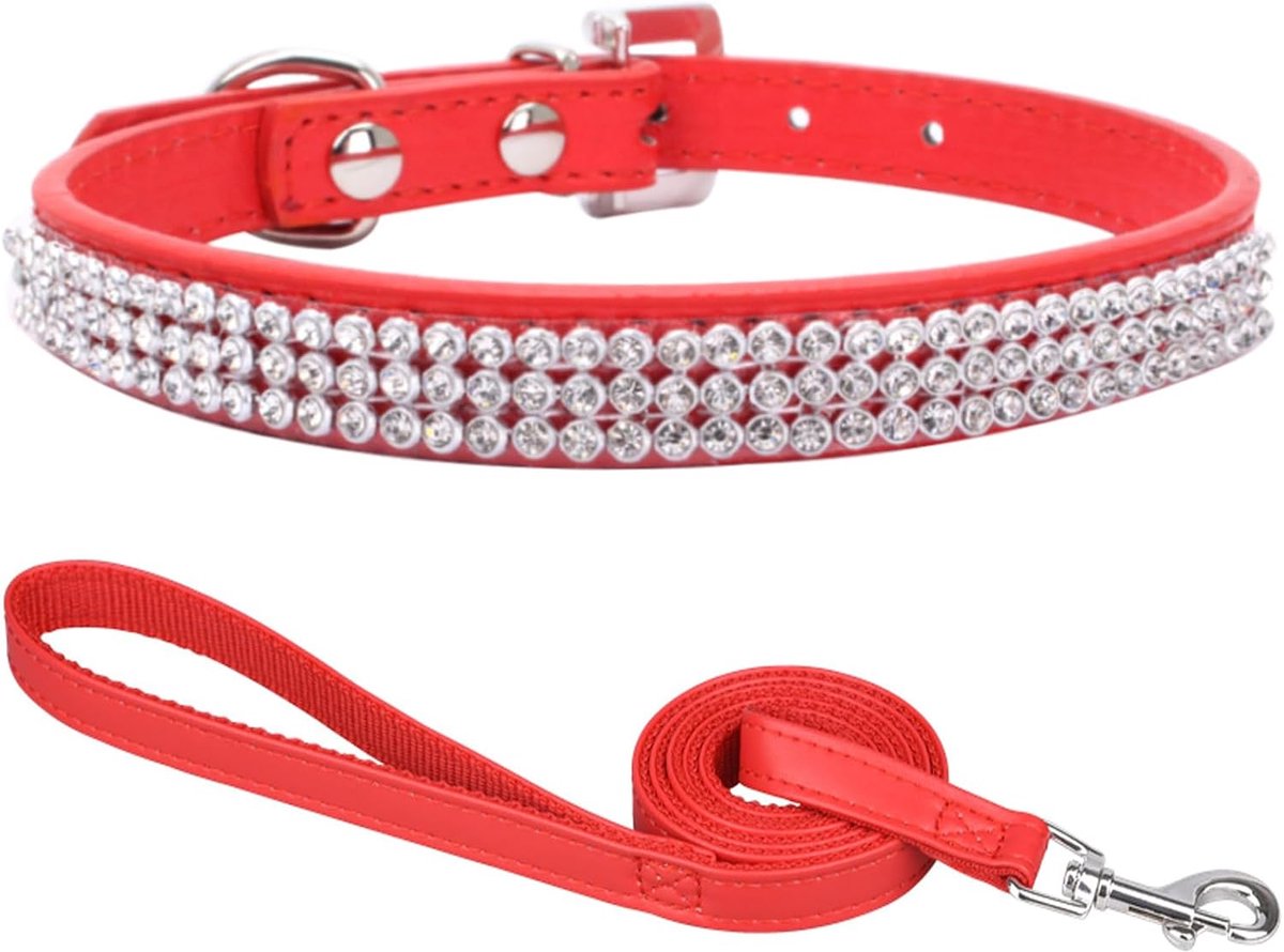 kleine maat, halsband met strass steentjes voor honden, halsband en riem, verstelbare hondenhalsband voor kleine, middelgrote en grote honden, rood, M