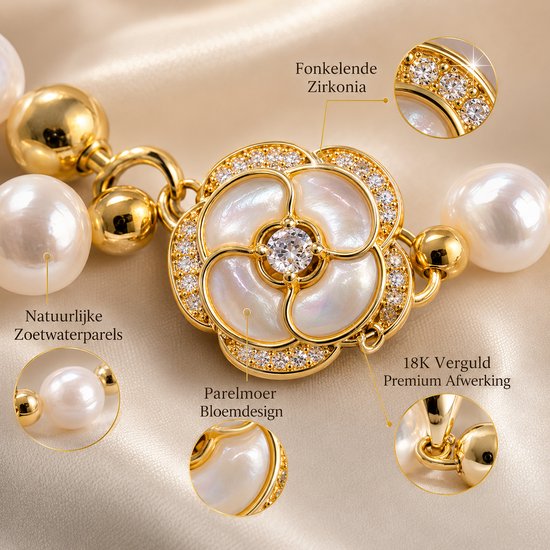 Detail van de gouden bloemvormige sluiting met parelmoer en zirkonia, aan een ketting met natuurlijke zoetwaterparels.