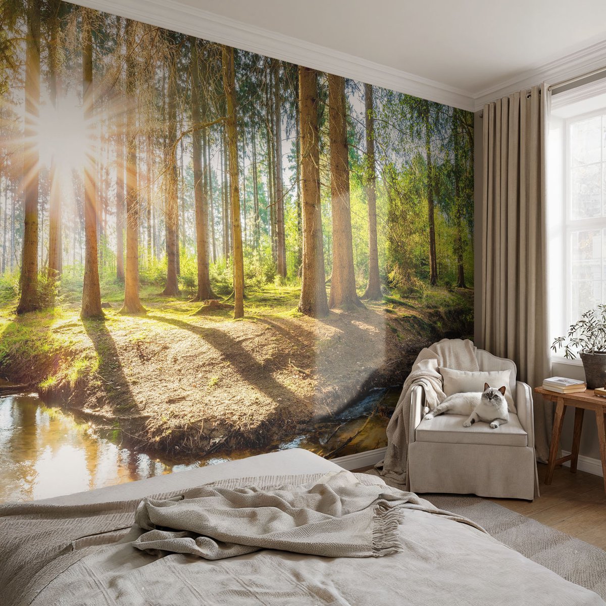 Coloray Vliesbehang - Groente Snellijm Behang - 152x104 cm - Idylle In Het Bos Muurschildering - Slaapkamer behang Landschappen - Fotobehang Vlies - Gang behang