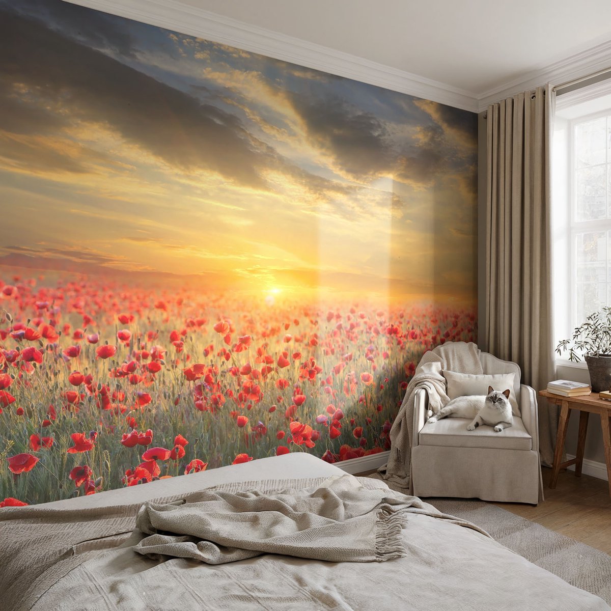 Coloray Vliesbehang - Rood Snellijm Behang - 152x104 cm - Papaverveld Muurschildering - Gang behang Bloemen En Planten - Fotobehang Vlies - Slaapkamer behang