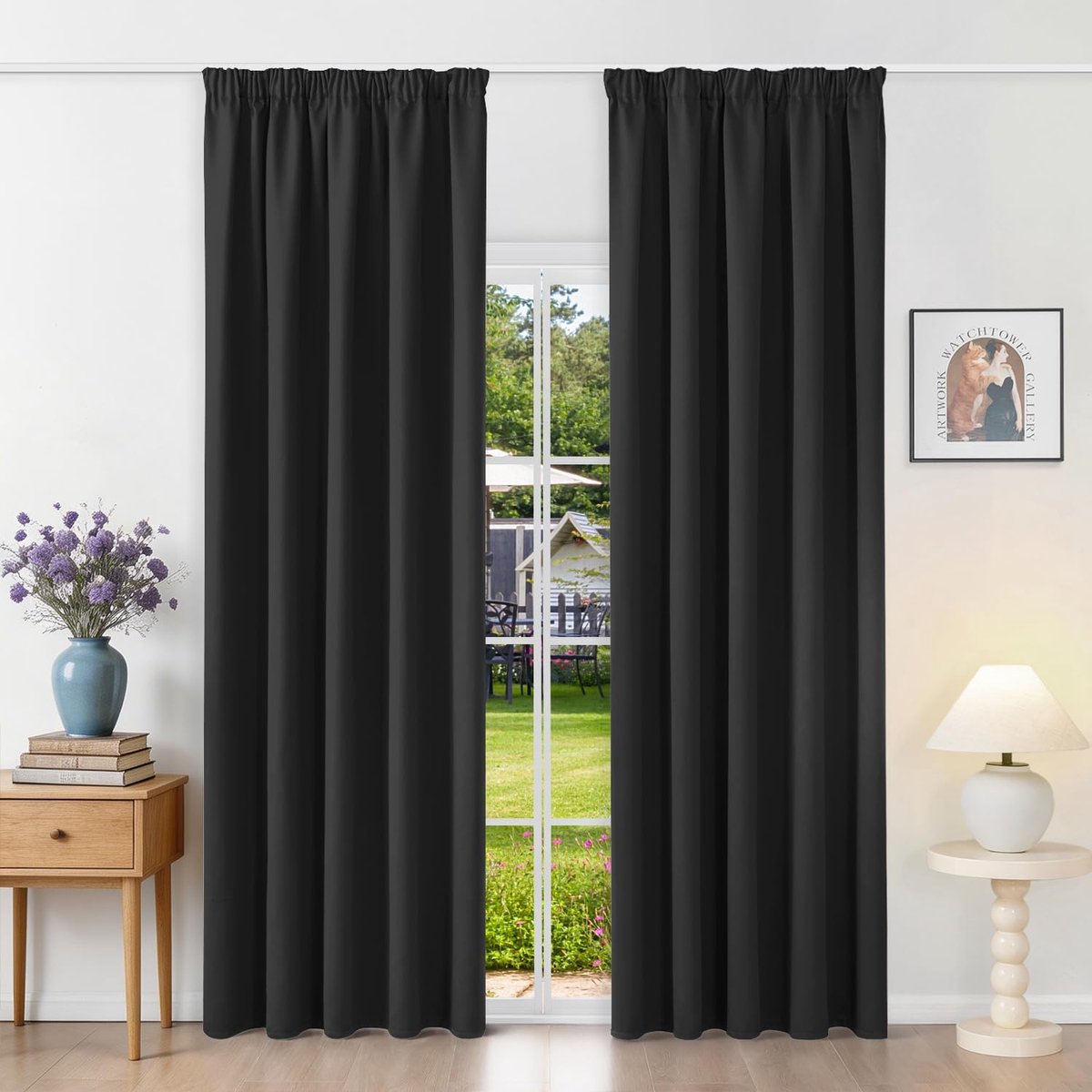 Gordijnen met plooiband, ondoorzichtig, zwart, verduisteringsgordijnen, set van 2, 245 x 160 cm (H x B) voor railsysteem, thermische gordijnen, koudebescherming, schuifgordijnen voor woonkamer
