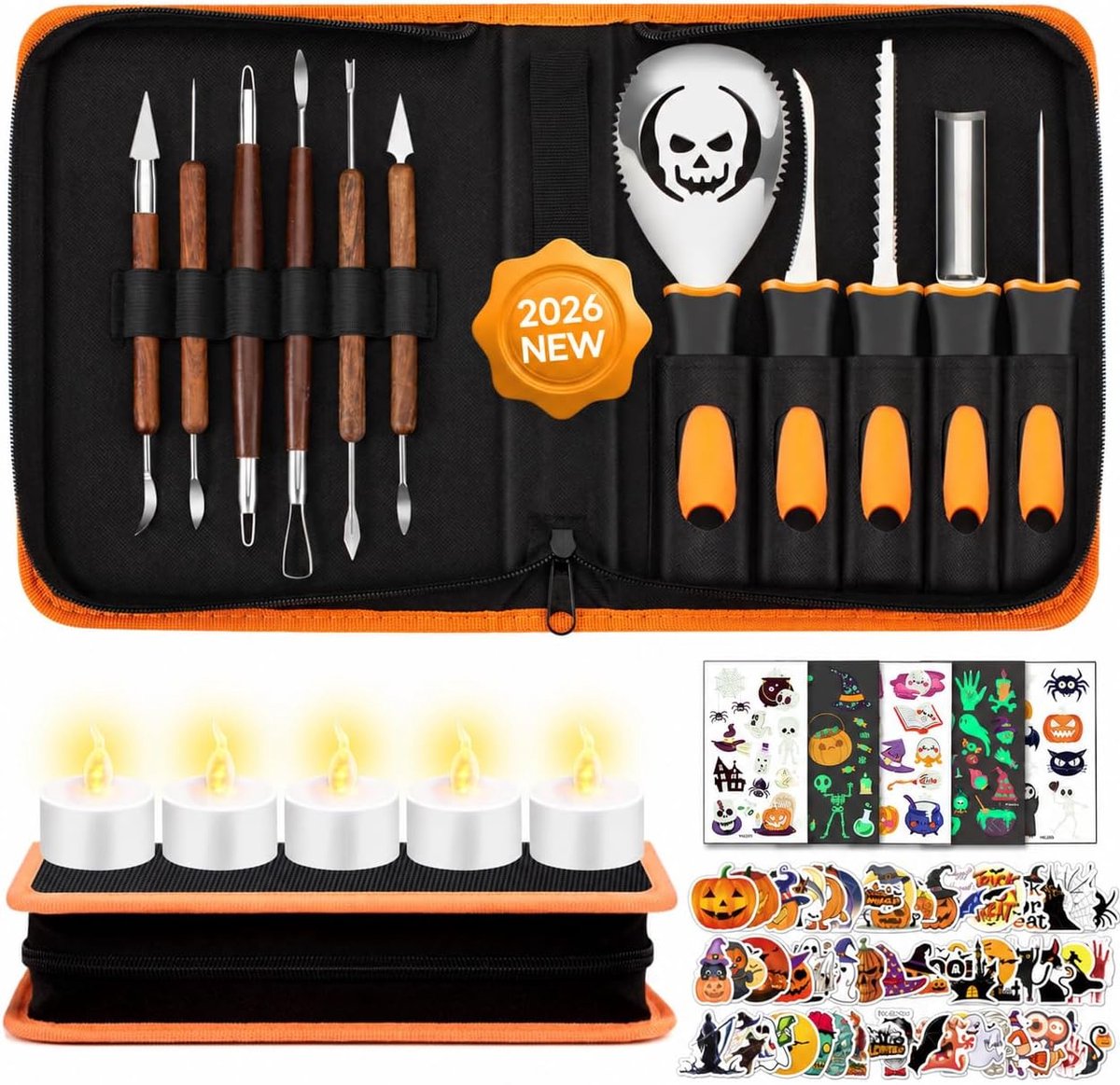 82 stuks, Halloween pompoen-snijgereedschap, doe-het-zelf decoratie met snijsjablonen en 5 led-kaarslichten, roestvrij staal, pompoen-snijmes voor kinderen, volwassenen en