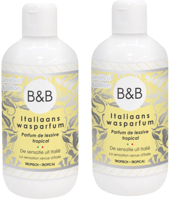 Twee flessen B&B Limited Edition Italiaanse wasparfum Tropical met een geel en grijs bloemmotief, 2x 250 ml.