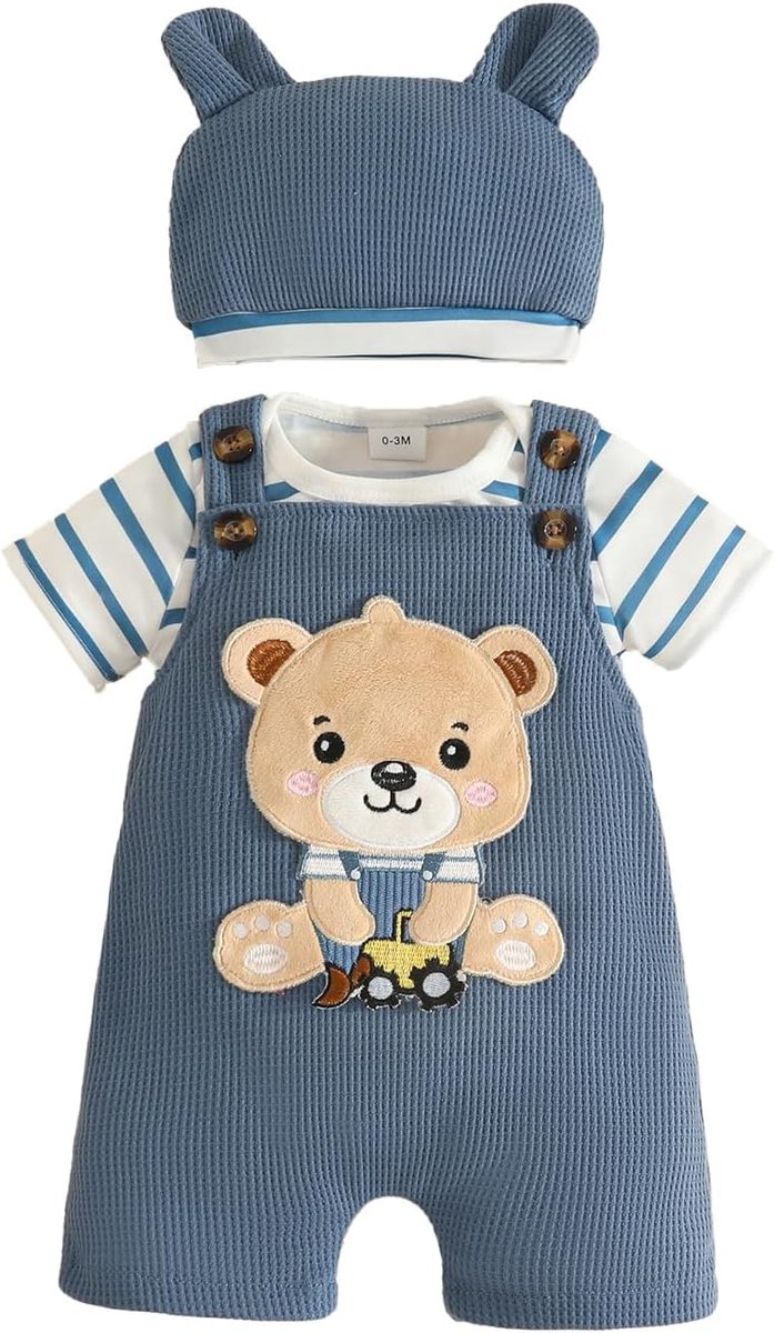 Babykleding voor pasgeborenen, korte mouwen, gestreept, overall, bovendeel + shorts met bandjes en dieren, 3-delige zomerset