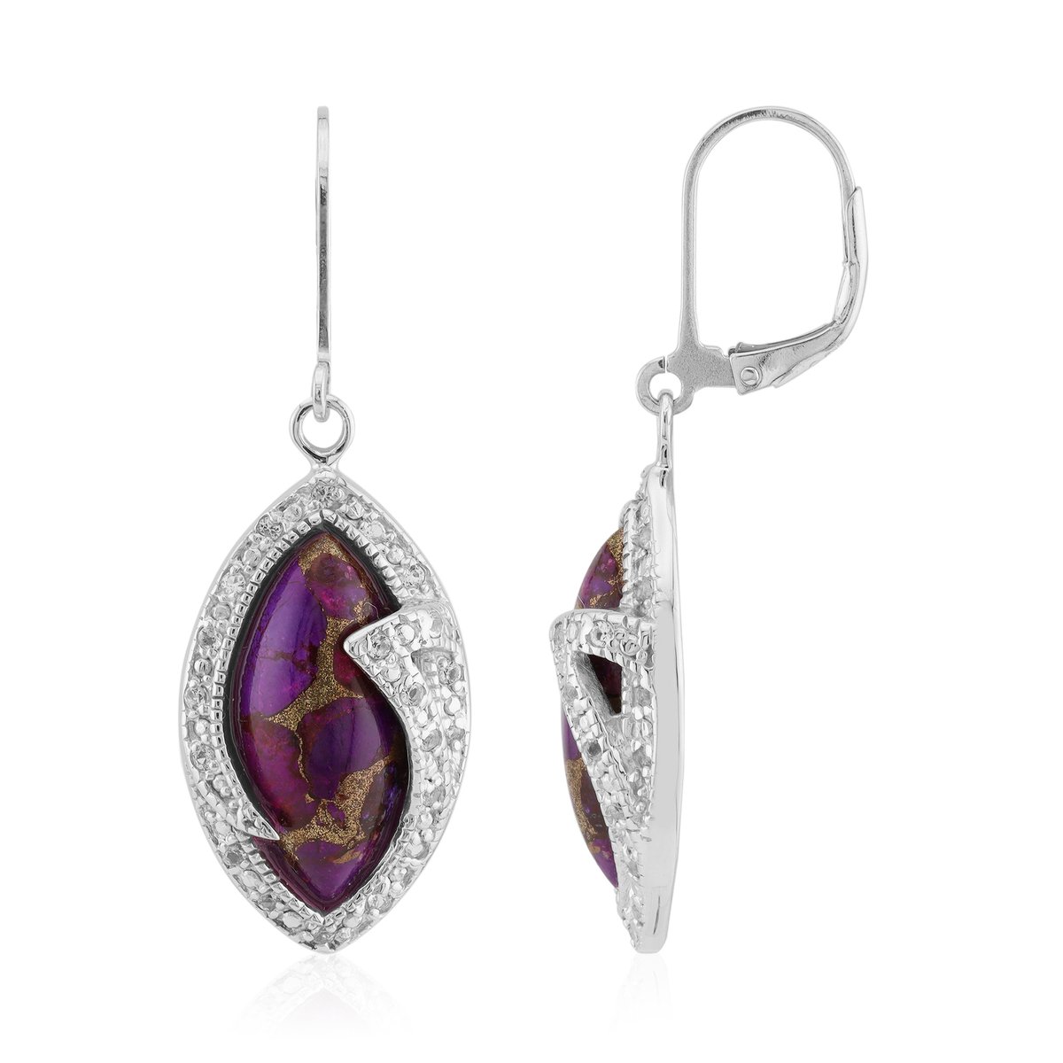 Cavill - Elegante Oorbellen - 925 Sterling Zilver Gerhodineerd - Paarse Kingman Mohave Turkoois 9,45 ct - Witte Topaas Rond 0,36 ct