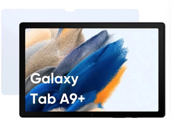 Matte screenprotector voor Samsung Galaxy Tab A9+, getoond met abstracte kleurenpaletten op het scherm.