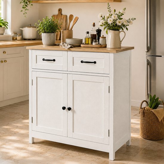 Witte keukenkast met houten bovenblad, twee lades en twee deuren. In de keuken staat de kast naast een koelkast. Potplanten en een mand met groenten.
