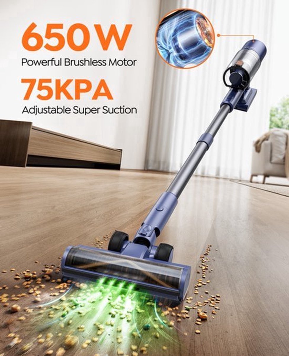 Steelstofzuiger Draadloos 650W 75KPA - 1.5 Liter Stofbeker - HEPA Filter - Turbozuigmond - Handstofzuiger