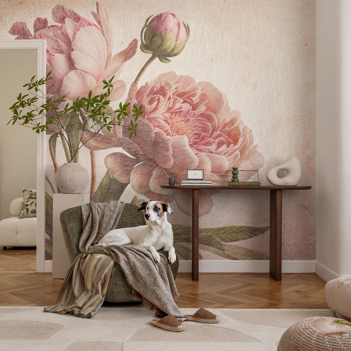 Coloray Vliesbehang - Roze Snellijm Behang - 104x70 cm - Delicate Pioenrozen Fotobehang Vlies - Hal behang Bloemen En Planten - Muurschildering - Woonkamer behang