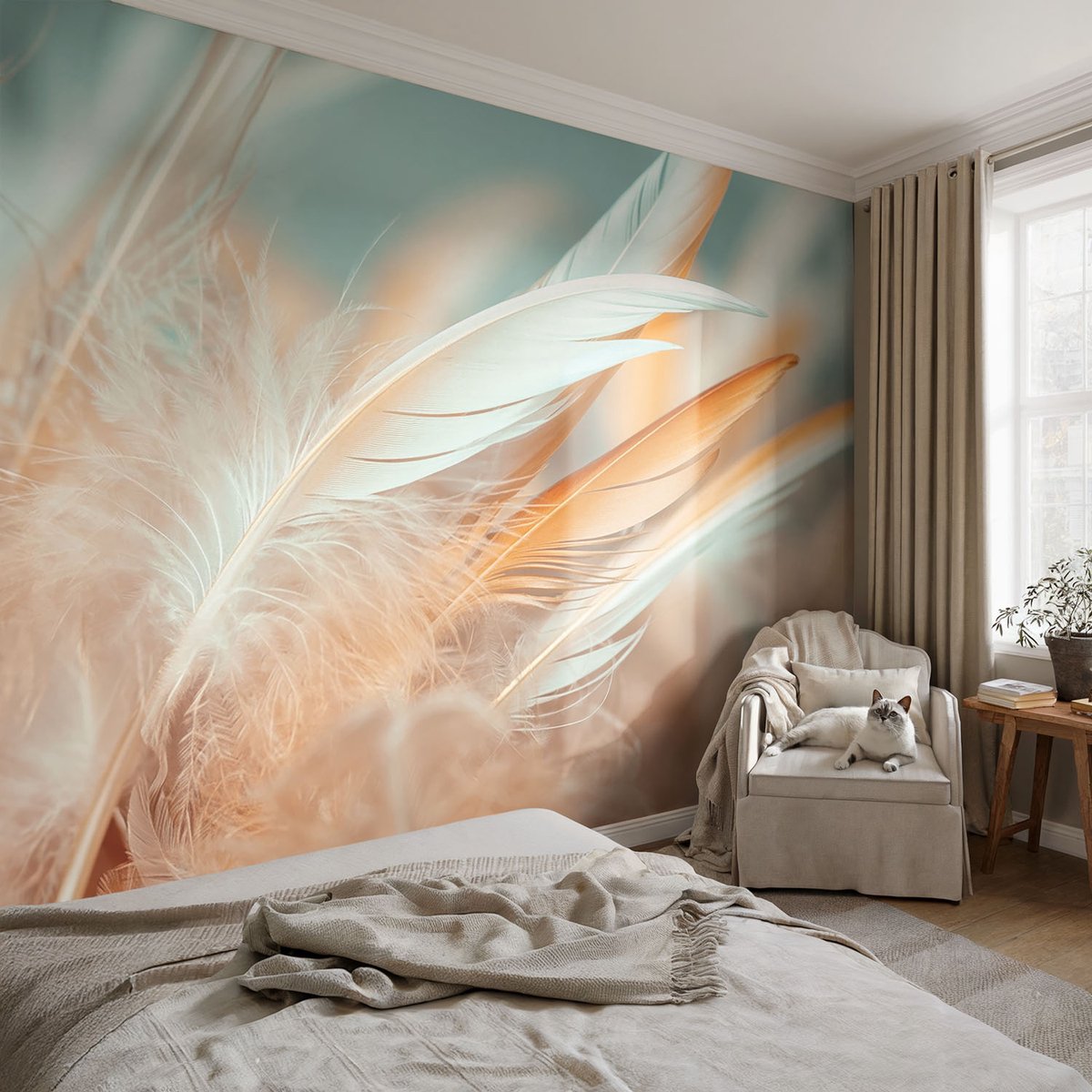 Coloray Vliesbehang - Wit Snellijm Behang - 104x70 cm - Fijne Veren Muurschildering - Slaapkamer behang Achtergronden En Patronen - Fotobehang Vlies - Slaapkamer behang