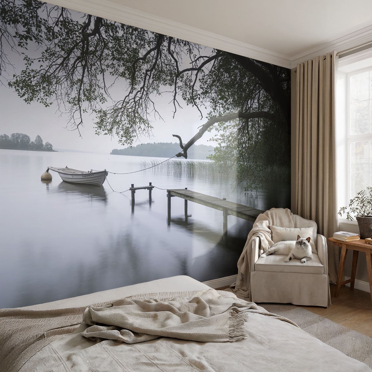 Coloray Vliesbehang - Grijs Snellijm Behang - 104x70 cm - Een Kalm Meer Muurschildering - Slaapkamer behang Landschappen - Fotobehang Vlies - Slaapkamer behang