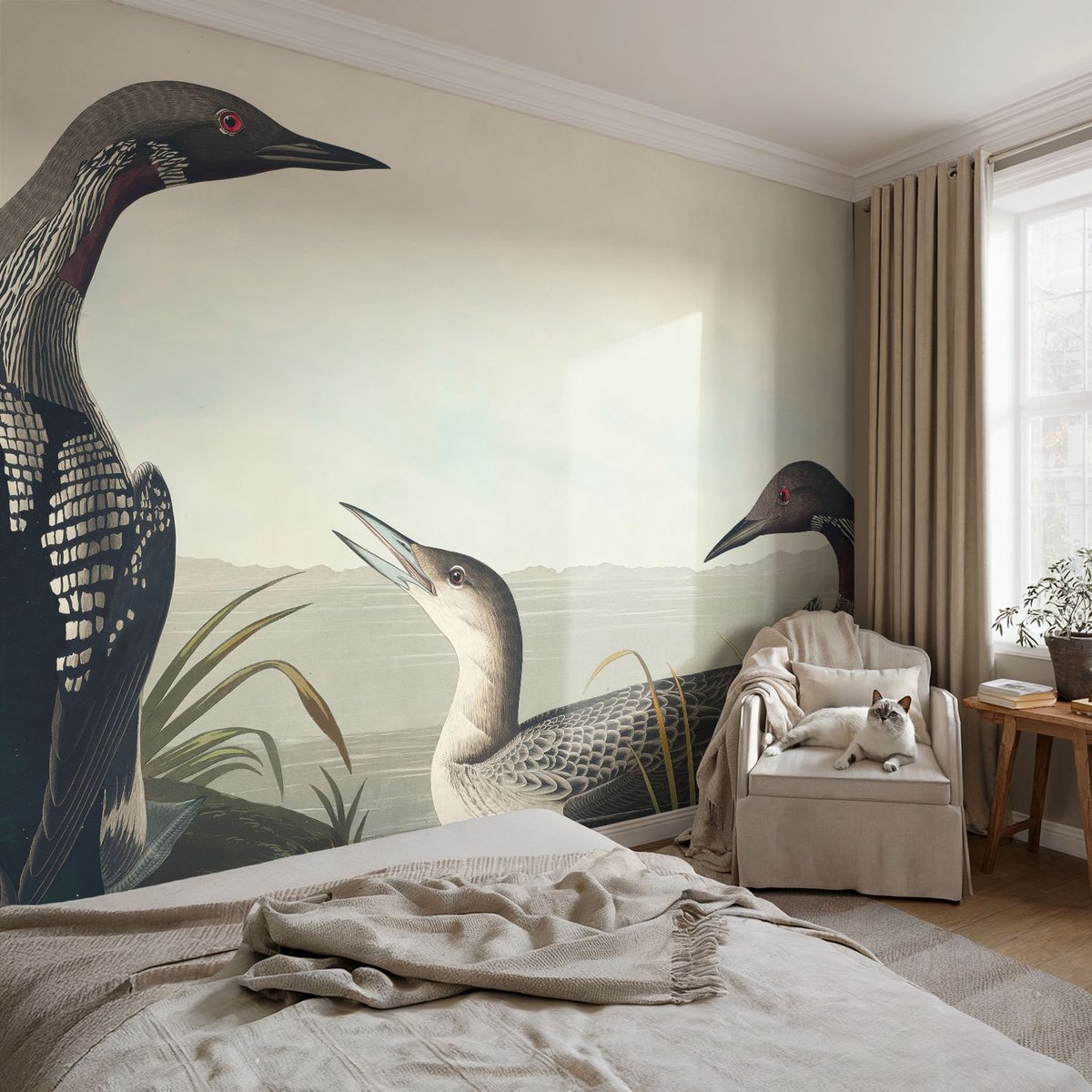 Coloray Vliesbehang - Zwart Snellijm Behang - 104x70 cm - Vogels Boven Het Water Fotobehang Vlies - Hal behang Dieren - Muurschildering - Woonkamer behang