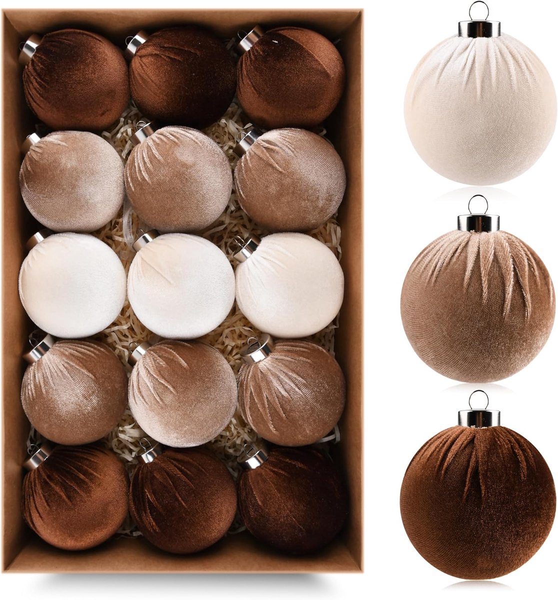 Bruine fluwelen kerstboomornamenten – 15-delige set onbreekbare ornamenten – Verschillende tinten bruin, neutraal en beige – 80 mm (3,15 inch)