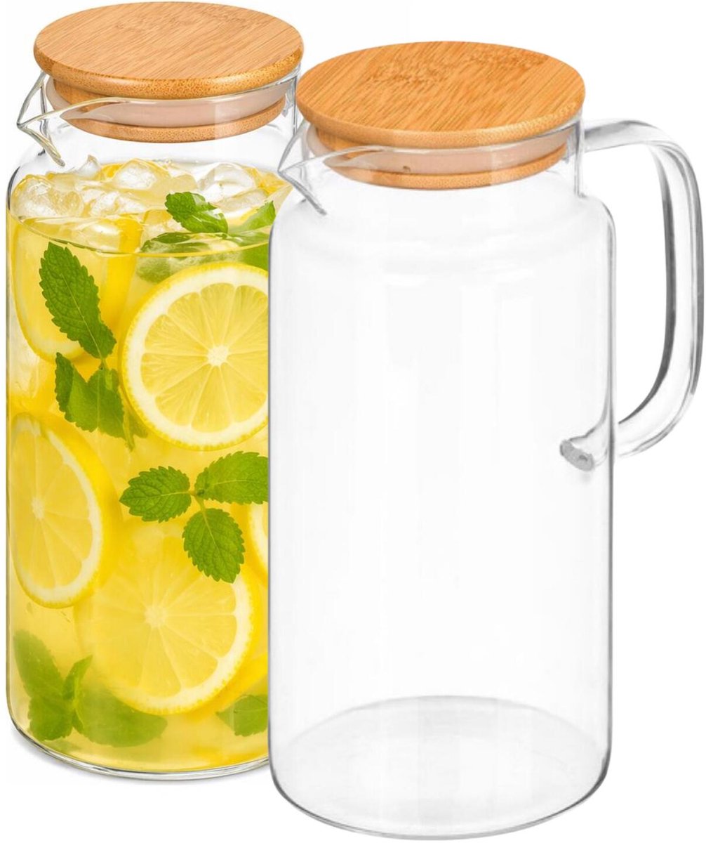 Vivalto Water / sapkan - 4x - met bamboe deksel - 1,2 ltr - boroscilaat glas - schenkkan