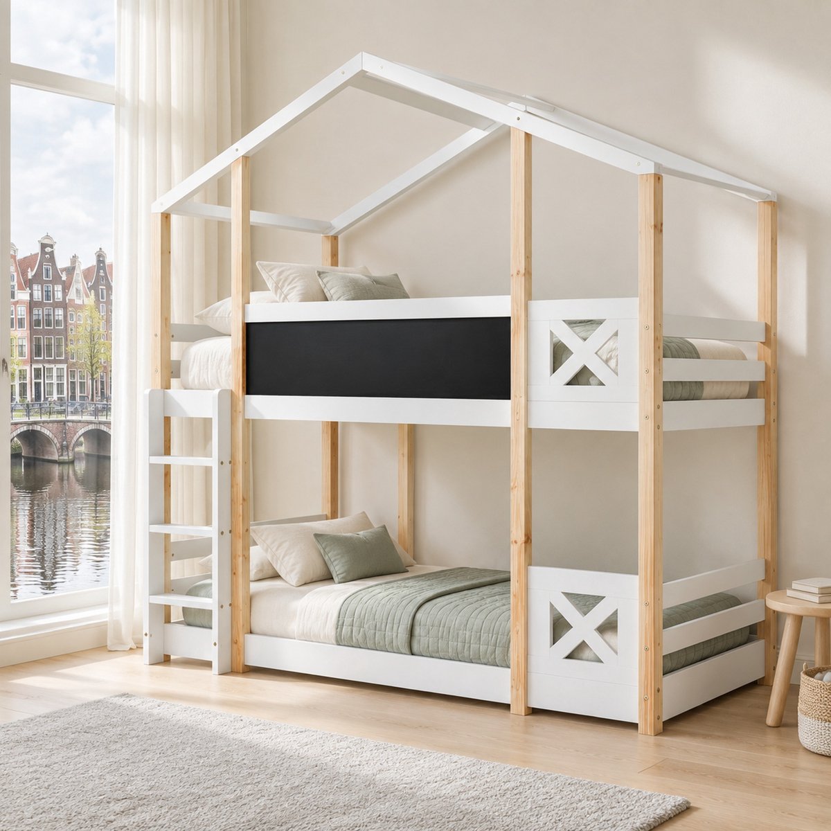 WUVRIE Boomhut stapelbed 90x200 cm met ladder, uitvalbeveiliging en lattenbodems, wit/naturel