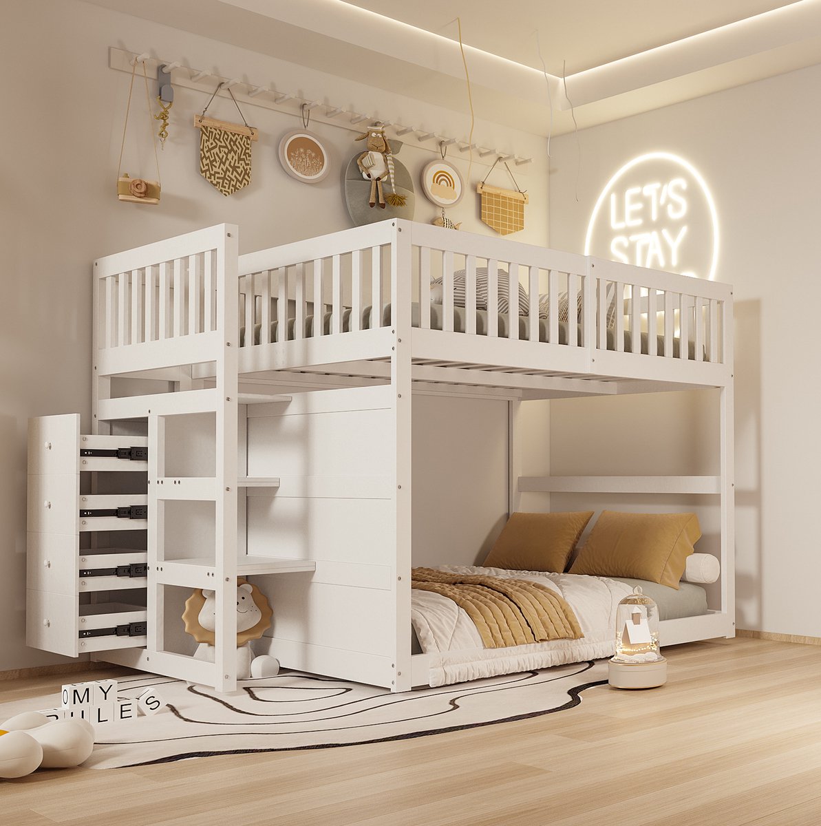 WUVRIE Stapelbed 140x200 cm met trap, 4 lades en hoge veiligheidshekken, wit kinderbed