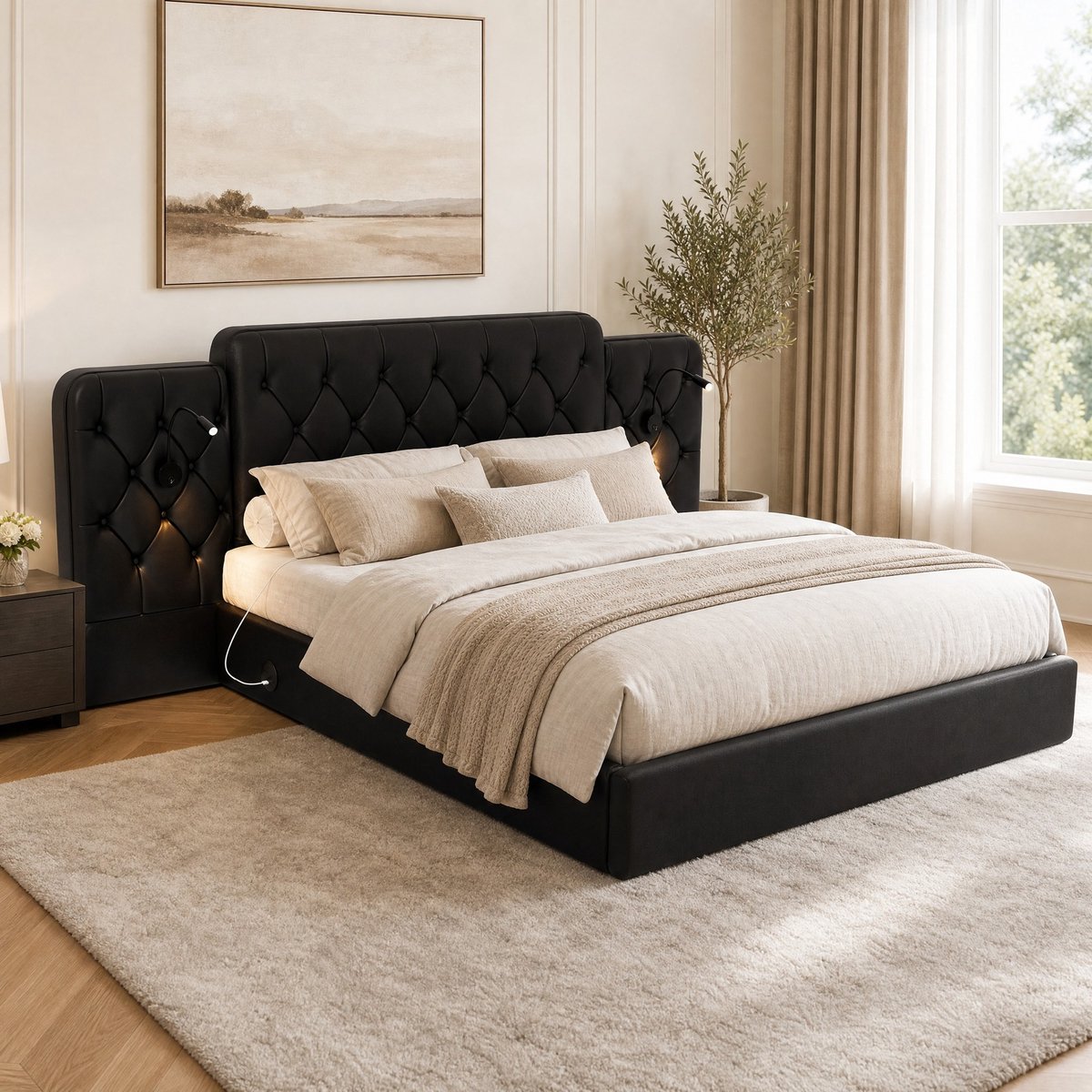 WUVRIE Opbergbed 160x200 cm met verlengd hoofdbord, leeslampen, USB-aansluitingen en hydraulisch systeem, zwart