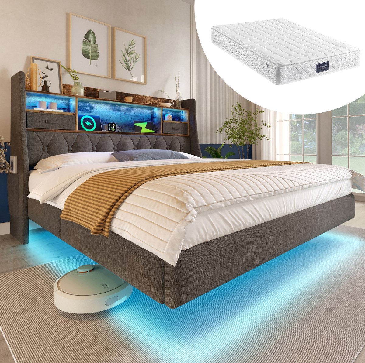 WUVRIE Gestoffeerd tweepersoonsbed 140x200 cm met LED, USB, Type-C, opbergend hoofdbord en lattenbodem, grijs