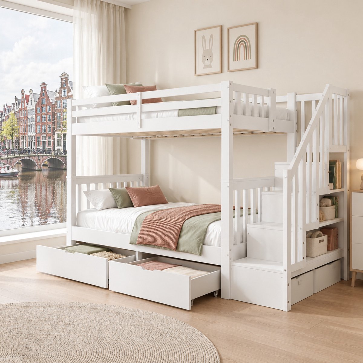 WUVRIE Kinderstapelbed 90x200 cm met traprek, 2 lades en hoge uitvalbeveiliging, wit