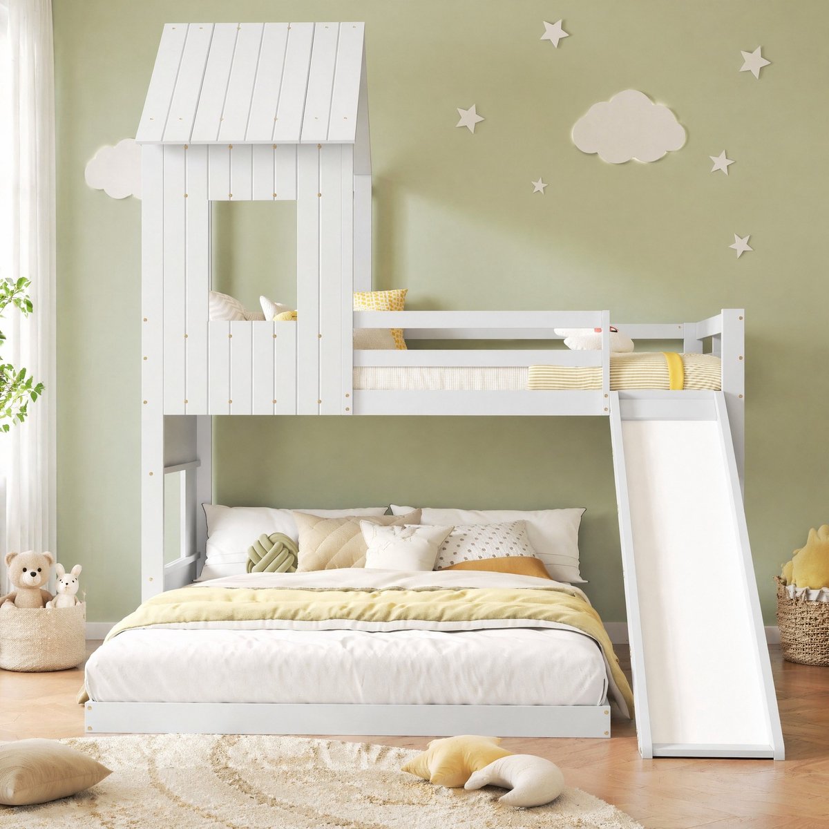 WUVRIE Stapelbed met glijbaan en huisbedontwerp, 90x200 en 140x200 cm, wit