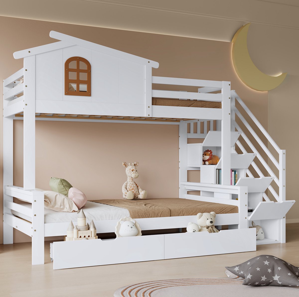 WUVRIE Kinderstapelbed 90x200 en 120x200 cm met 2 lades, trapkast en raamdetails, wit/naturel