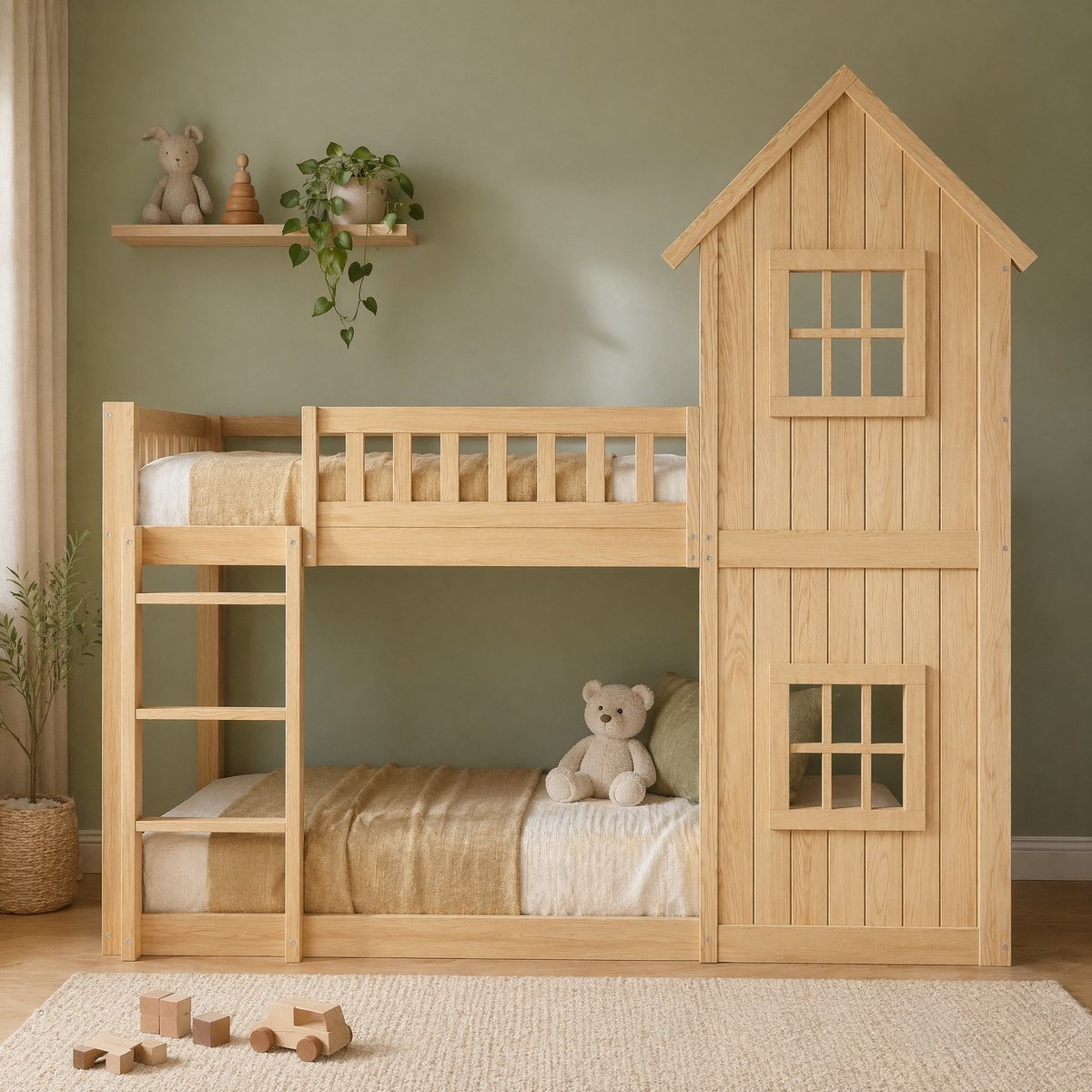 WUVRIE Kinderstapelbed 90x200 cm huisbed met 3-tredentrap, ramen en veiligheidshek, naturel