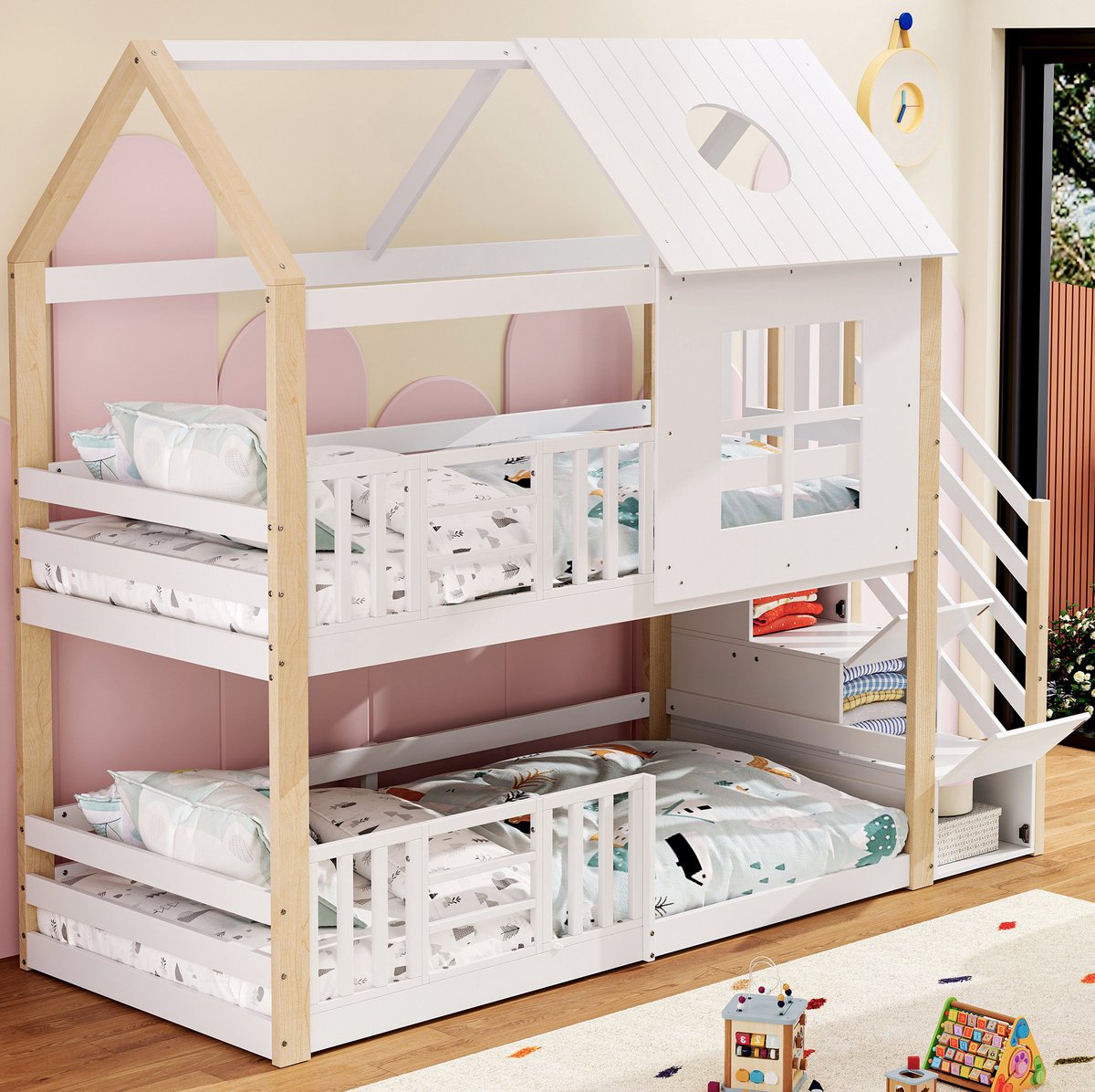 WUVRIE Stapelbed 90x200 cm met opbergtrap, huisbed en uitvalbeveiliging, wit/naturel