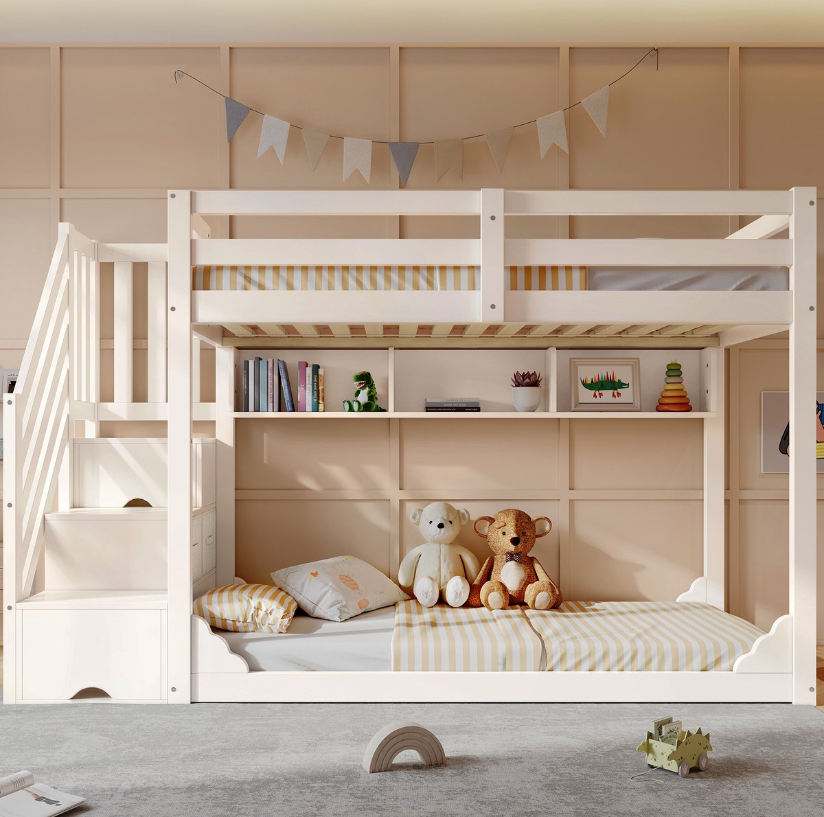 WUVRIE Kinderstapelbed 90x200 cm met trapkast, opbergruimte en veiligheidshek, wit