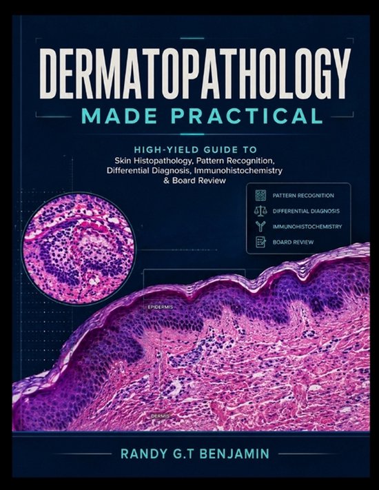 Boekomslag Dermatopathology Made Practical met medische illustraties van huidweefsel, epidermis en dermis.