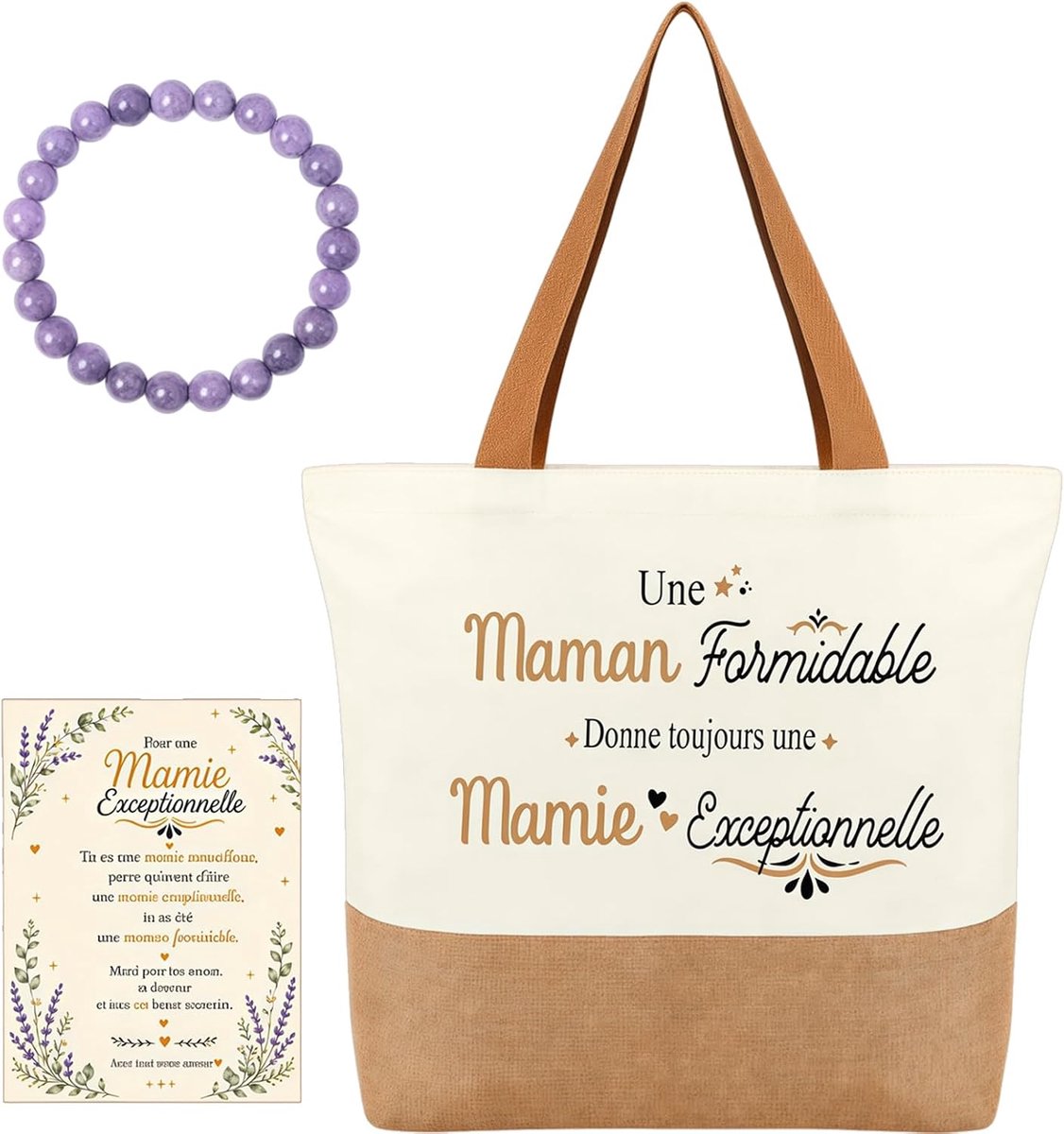 Cadeau voor oma, cadeau voor grootmoeder, jute tas met armband en kaart