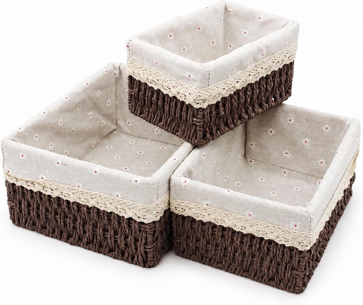 3 Stuks Geweven Opbergmanden Gevoerd, Geweven Bohemien Decor Commode-Organizer, Bamboe Mand Opbergmanden Voor Badkamer, Slaapkamer, Woonkamer Als Opbergdecor，Bruin