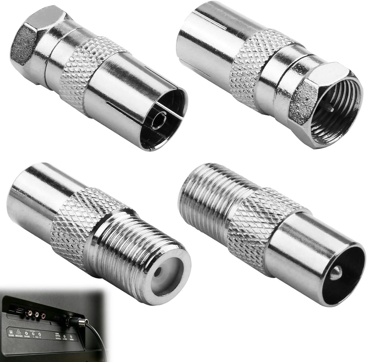 Antenneadapter TV coaxiale stekker mannelijk en vrouwelijk (8 stuks) kabelconnector tv-antenne voor tv, satelliet, radio en TDT, hoogwaardige coaxiale antennestekker