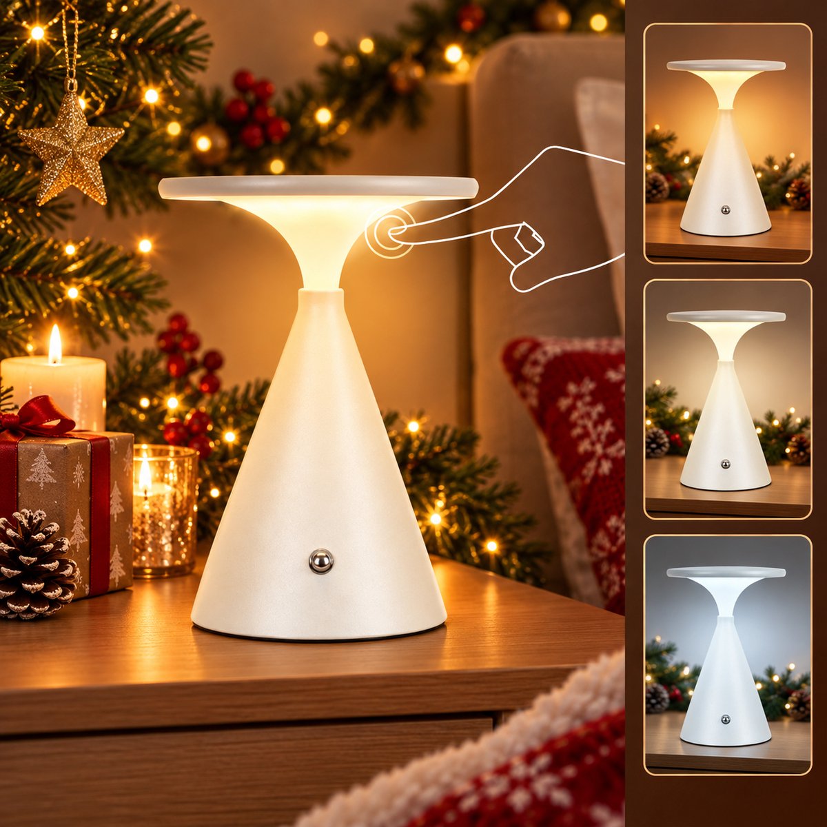 Lapamax Touch Tafellamp Oplaadbaar voor Binnen & Buiten - 4000mAh Accu & USB-C - Draadloos Nachtlampje - Bedlamp met 3 Kleurtemperaturen & Geheugenfunctie - Traploos Dimbaar - Sfeerlamp voor Slaapkamer, Bureau, Terras en Camping - Wit - 1 Stuk