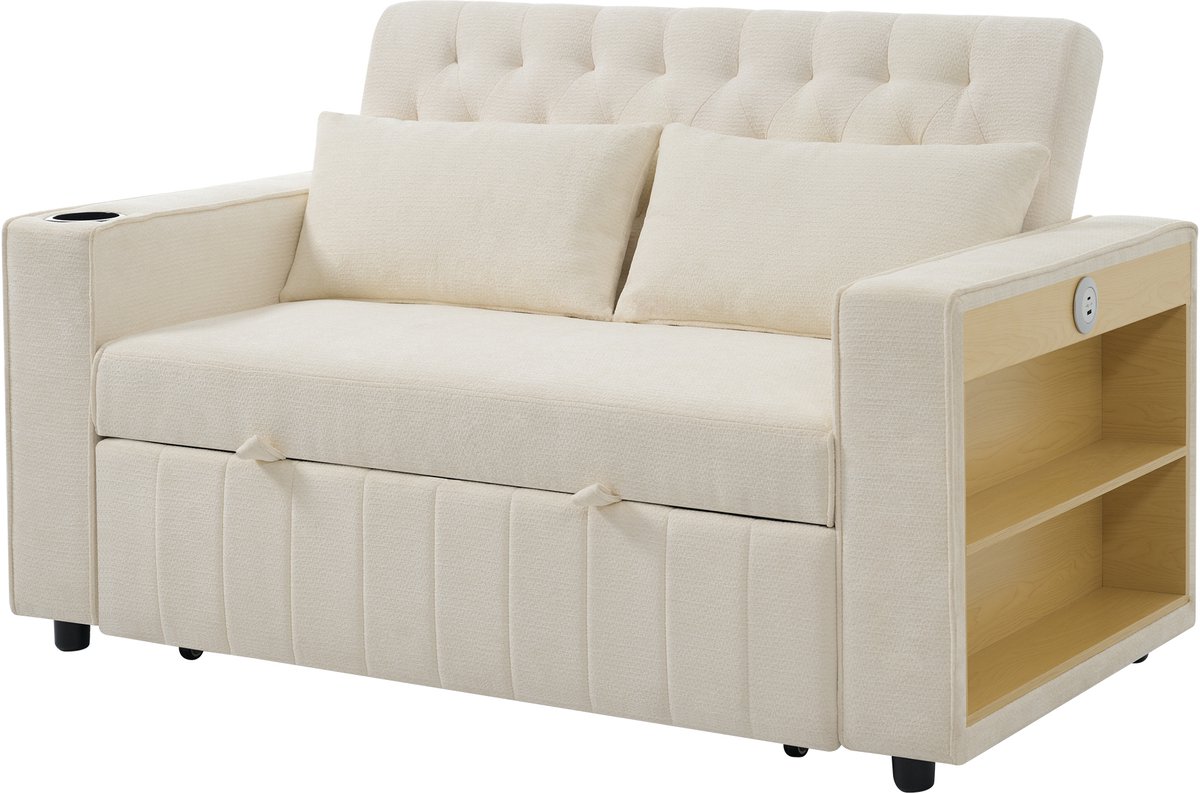 MEUBLE COSY 2-Zits Slaapbank - Chenille Met Boekenplank En USB-Aansluiting - Beige