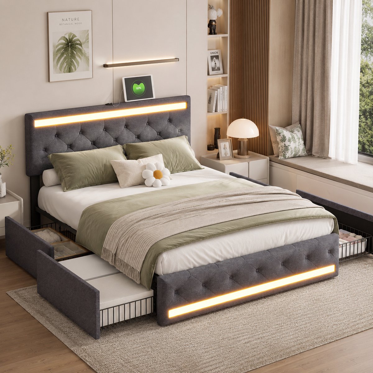 MEXUS Tweepersoonsbed 140x200 cm - LED en USB - Opbergbed met 4 lades - Verstelbaar gestoffeerd hoofdeinde - Gestoffeerd bed met opbergruimte - Lattenbodem - Linnen - Donkergrijs
