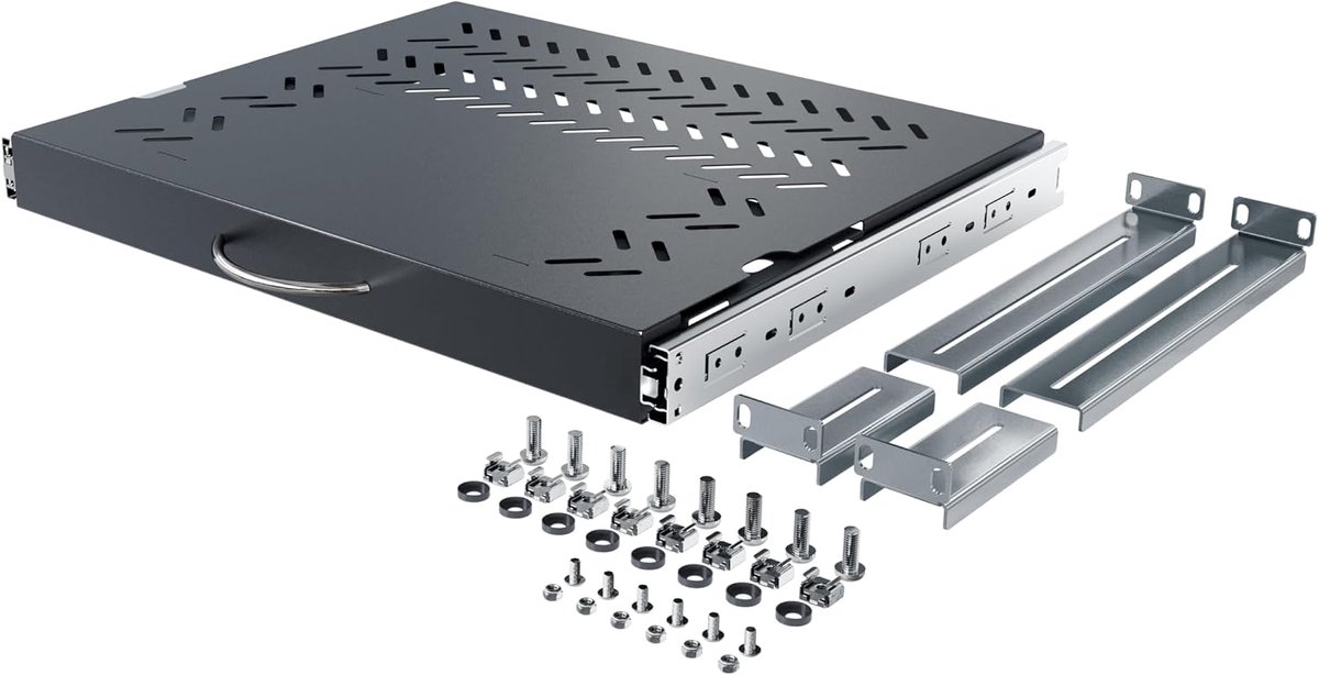 Plank 19 inch - 19 inch rack 1HE - Extra ruimte voor toetsenbord en muis - Draagvermogen 30 kg - Verstelbaar van 350 tot 450 mm - Netwerkkastaccessoires