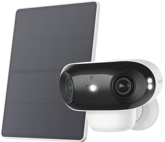 Reolink Argus 4 Pro beveiligingscamera met zonnepaneel. Wit met zwart, 180 graden beeld, nachtzicht in kleur.